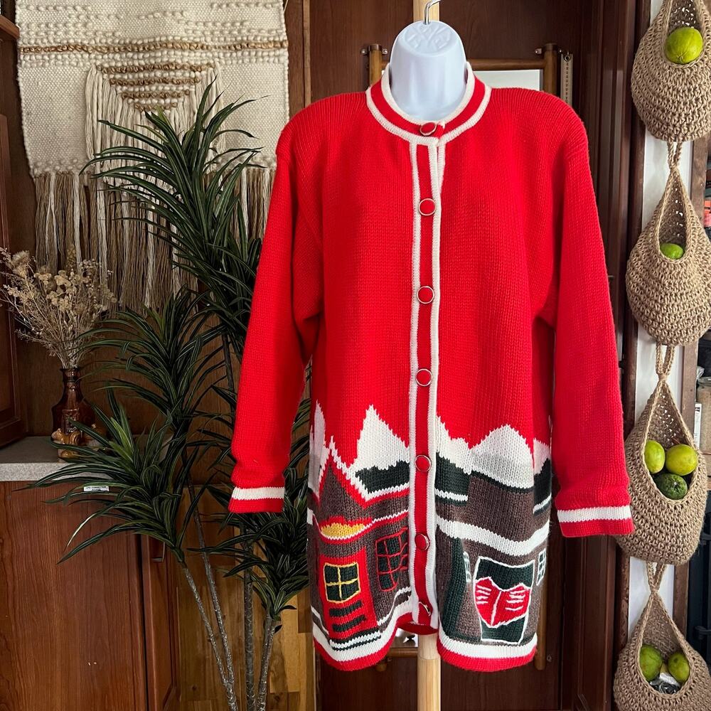 Vintage Red Wool Scenic Cardigan Coat | 80s Cabin Knit Jacket Cottagecore Winter